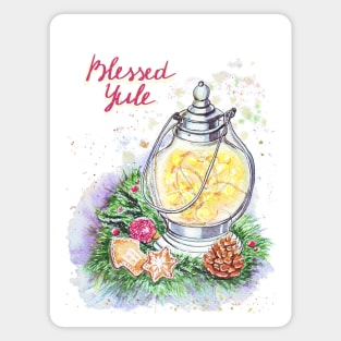 Blessed Yule: Watercolor winter solstice greeting Red letters Magnet